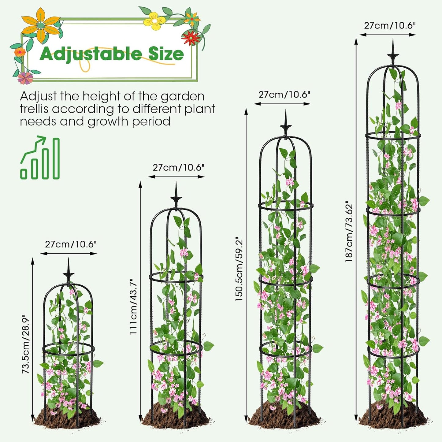 Tower Obelisk Garden Trellis for Climbing Plant，73.6inch Rustproof Metal Potted Plant Climbing Support for Indoor Outdoor Flowers Vegetable Fruits Vines Support （1pcs）