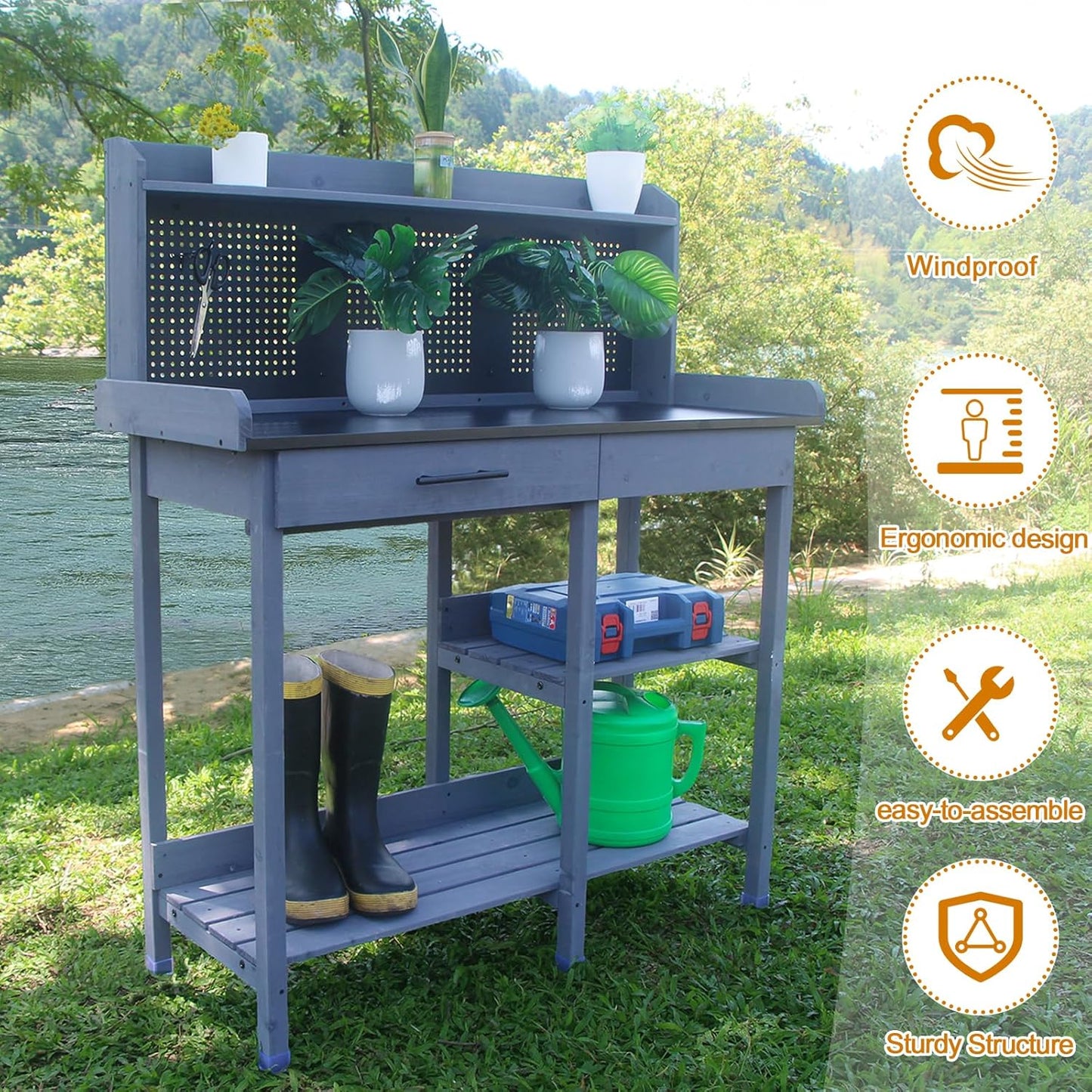 Outdoor Potting Bench Table,Garden Work Bench Metal Tabletop Horticulture with Shelf Rack Wooden Potting Benches for Outside with Holey Board/Hooks/Pads/Drawer/Adjustable and Cabinet,Gray