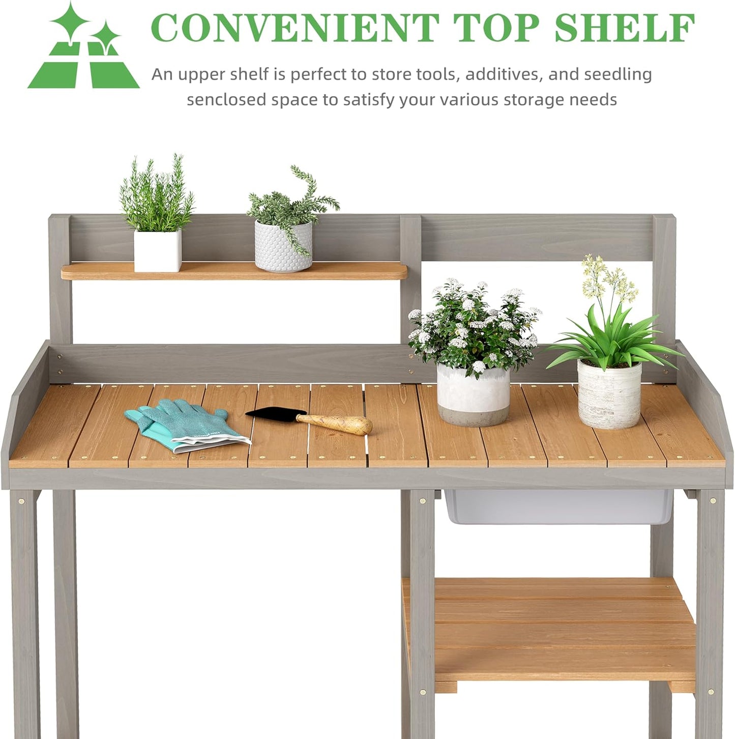 Wooden Potting Bench Table with Sink,Outdoor Garden Table Work Bench with Shelf, Workstation for Outside Lawn Patio