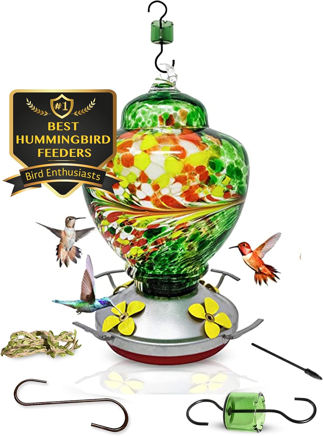 Nature Gear Hummingbird Feeder, Hanging-Mount Glass Hummingbird Feeders for Outdoors, Hand-Blown Glass Feeder with Ant Moat for Garden Hummingbirds, Easy to Clean & Rust Resistant, Emerald Green
