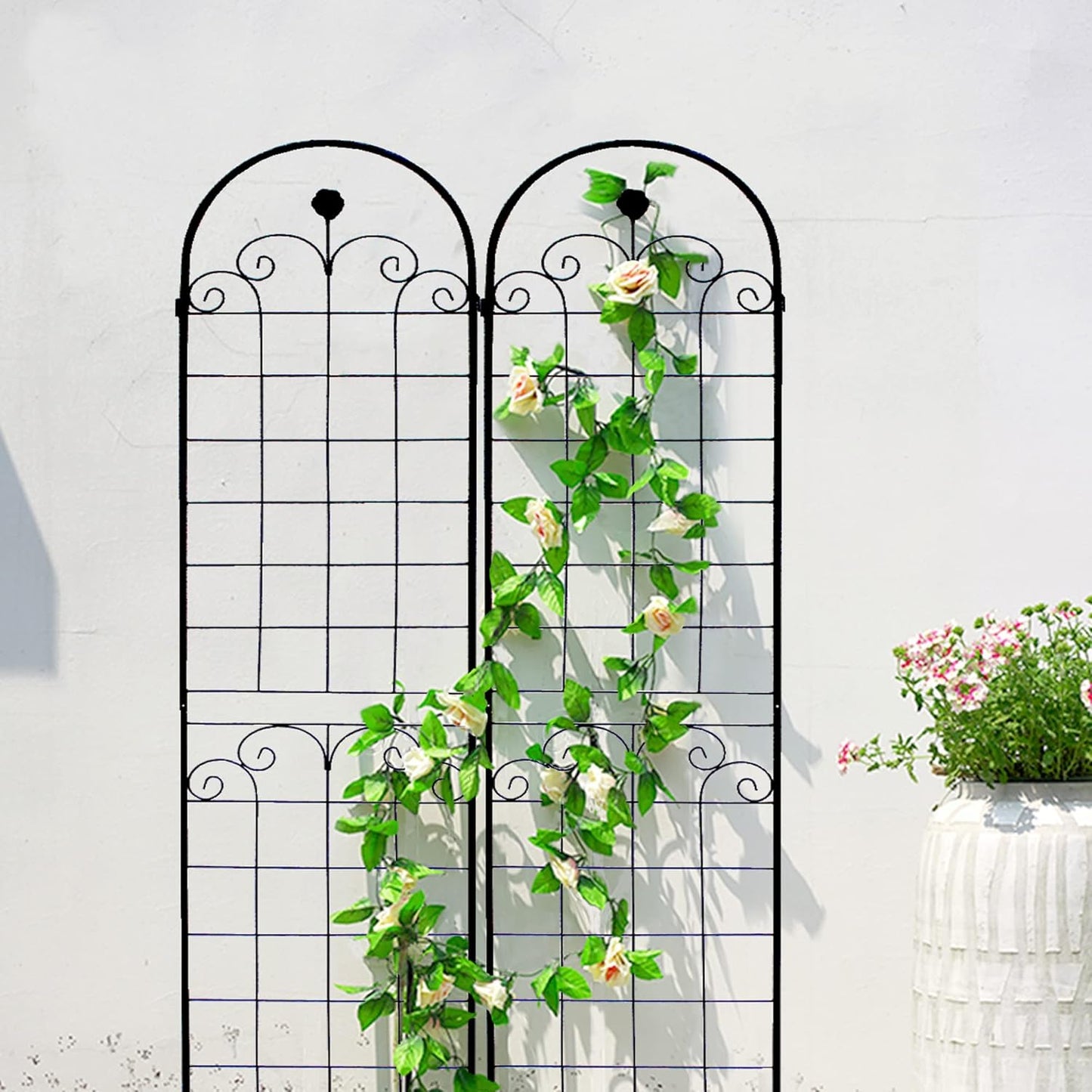 6 Pack Metal Garden Trellis for Climbing Plants, 86.7" Tall Rustproof Outdoor Trellis Panel w/Curly Grass Design, Decorative Black Iron Plant Support for Vine, Rose, Flower, Garden Wall
