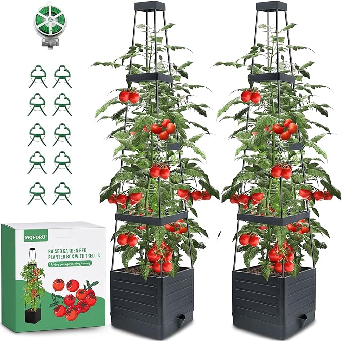 MQFORU 2 Packs Raised Garden Bed Tomato Planter with Trellis, 57" Tomato Cages for Climbing Vegetables Plant, Self Watering Planters Box for Garden Pots for Patio Greenhouse Indoor Outdoor（2PCS）