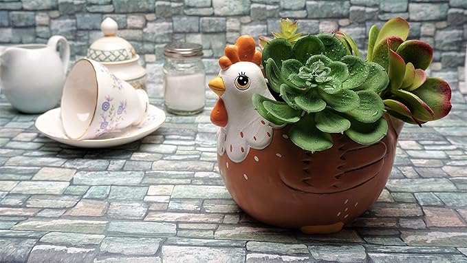 Chicken Planter - Rooster Utensil Holder Party Accessories - Flower Succulent Pot - Indoor Outdoor Garden Backyard Patio Chicken Theme Ceramic