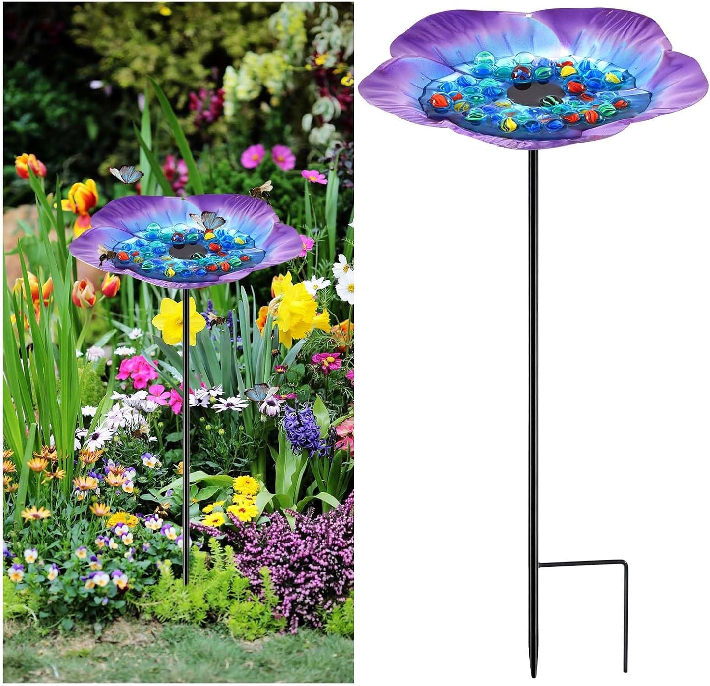 Tandefio Vivid Flower Bee Watering Station Metal Butterfly Water Feeder Cup with 30 Colorful Glass Marbles Bee Feeder Butterfly Bath Bowl for Garden Outdoor Yard Decors(Blue Purple,Flower)
