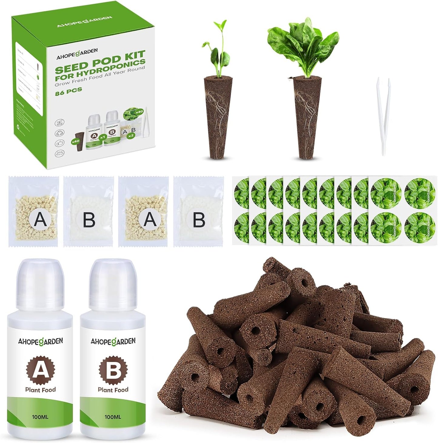 Ahopegarden 86PCS Hydroponic Pods Kit: Compatible with Aerogarden, iDOO, Most Brand Hydroponics Growing System, Indoor Herb Garden Supplies Includes Grow Sponges, Labels, A&B Plant Food, Tweezer