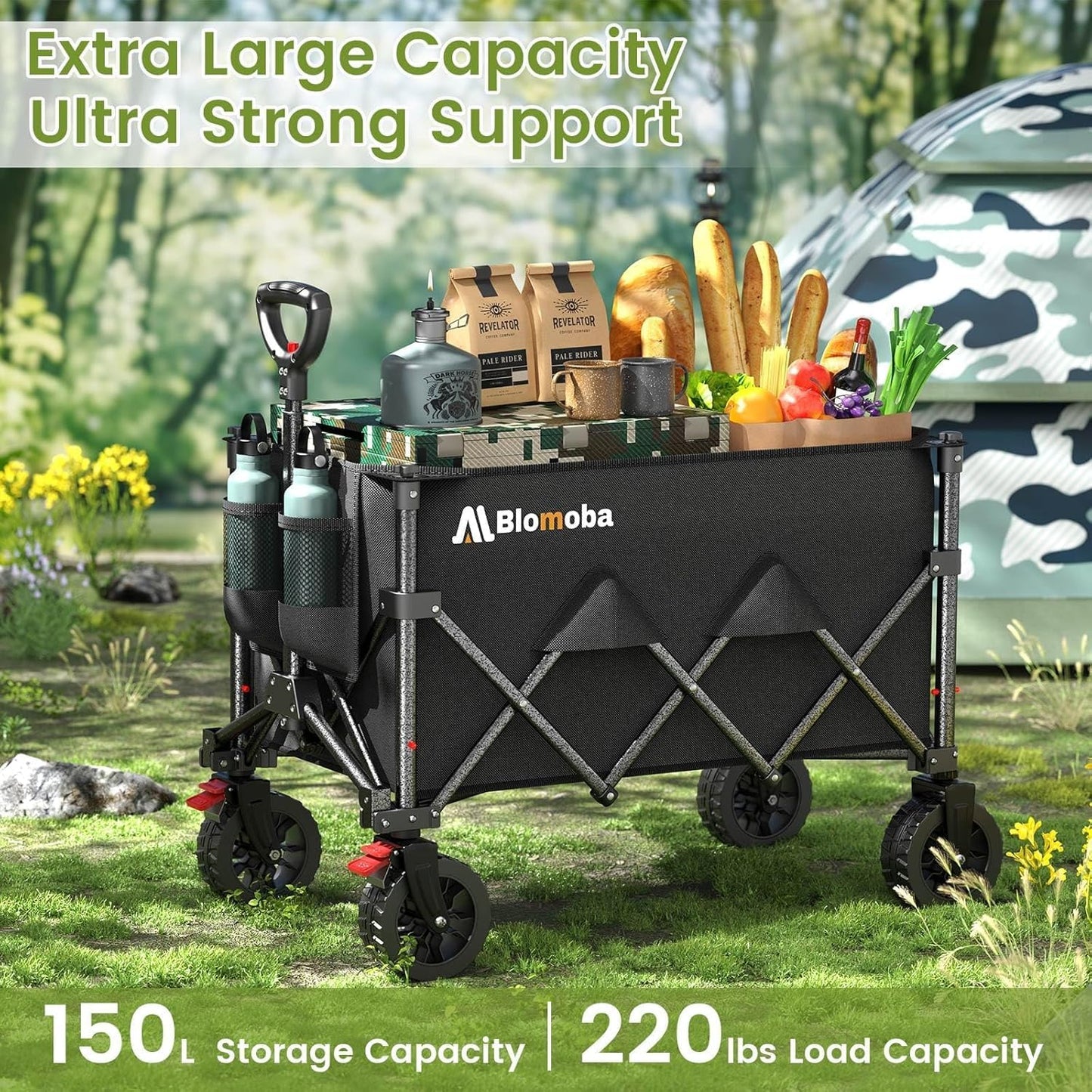 Collapsible Wagon Cart, 150L Heavy Duty Foldable Beach Wagon with Wider Wheels & Auto-Rebound Handle, Utility Grocery Shopping Cart for Garden, Shopping, Camping, Sports, Black