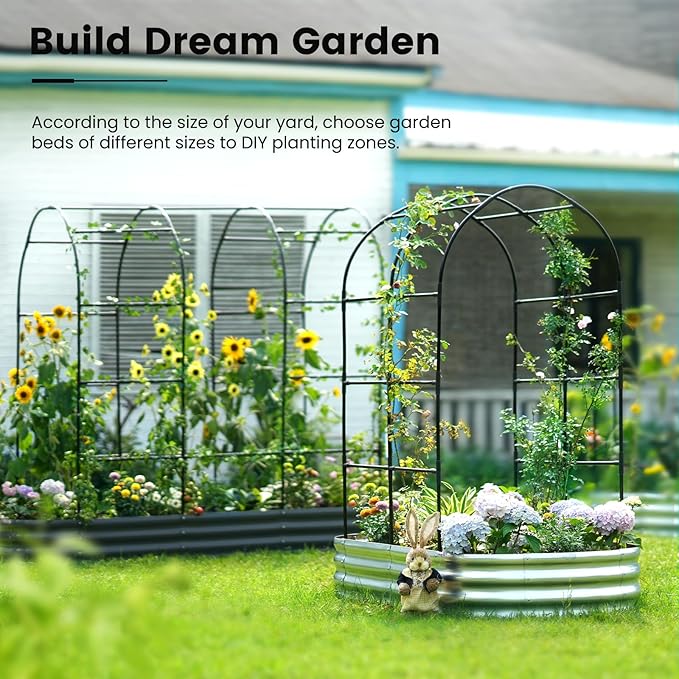 KING BIRD Raised Garden Bed with Arched Trellis Galvanized Planter Garden Box Outdoor for Gardening, Climbing Vegetables, Flowers 7.87x3.94x0.98 Ft, Dark Grey