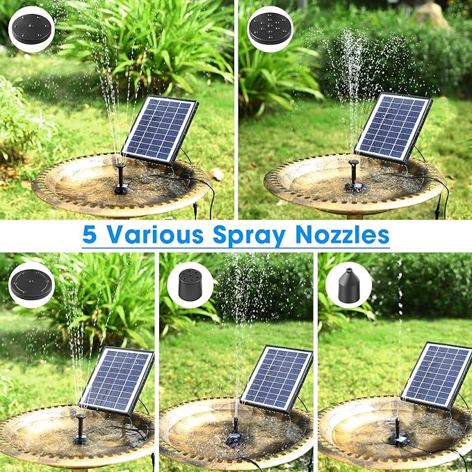 POPOSOAP Solar Bird Bath Fountain Pump, 6W Outdoor Solar Water Fountain Pump for Bird Bath with 4ft Tubing & 5 Nozzles, DIY Solar Powered Water Fountain for Garden, Ponds, Pool and Fish Tank