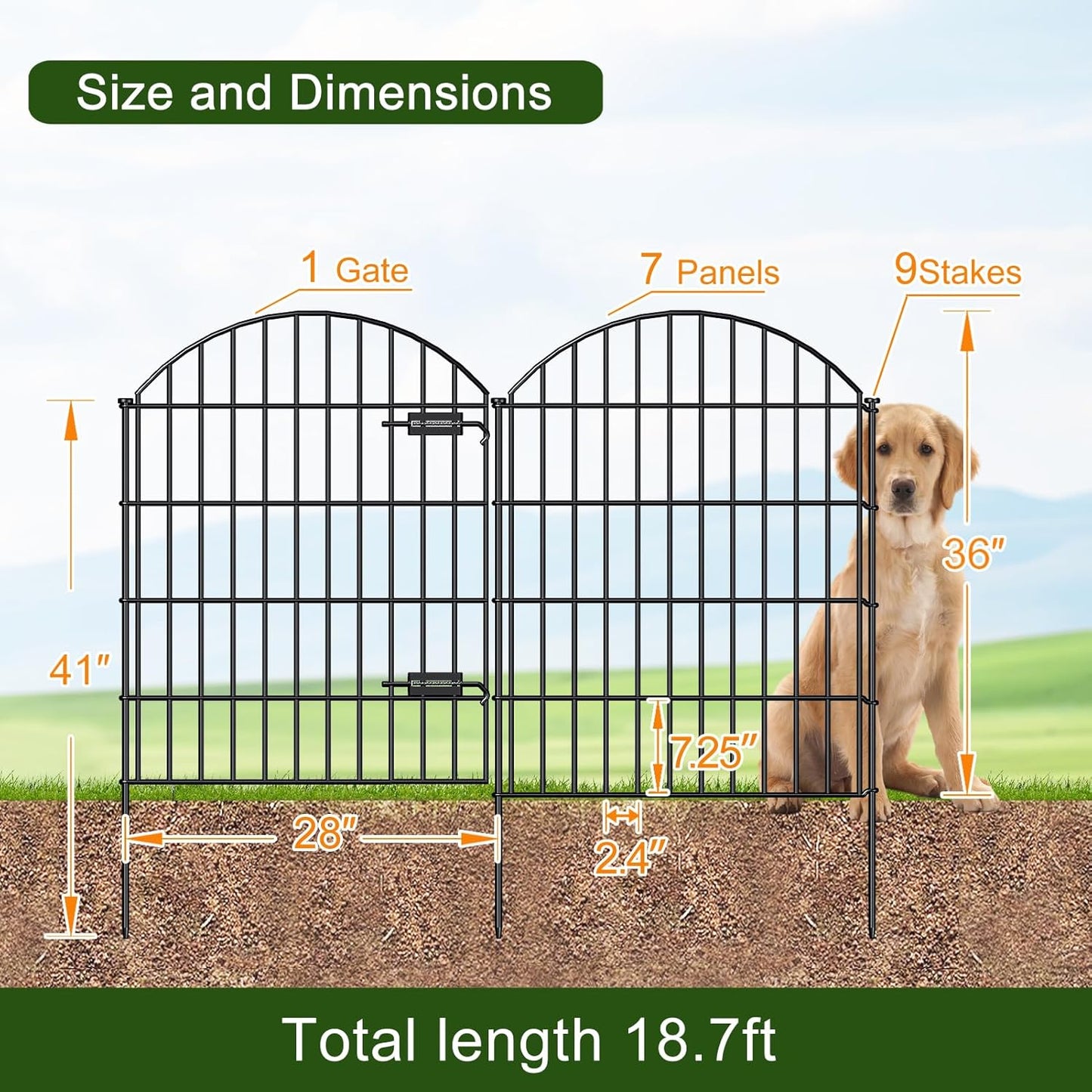 Metal Garden Fence with Gate 36in (H) x 18.7ft (L), 1 Gate+7 Panels Dog Fence Border Fence Animal Barrier, No Dig Garden Fencing for Yard Flower Bed Lawn Patio Outdoor,ECG3508,Black