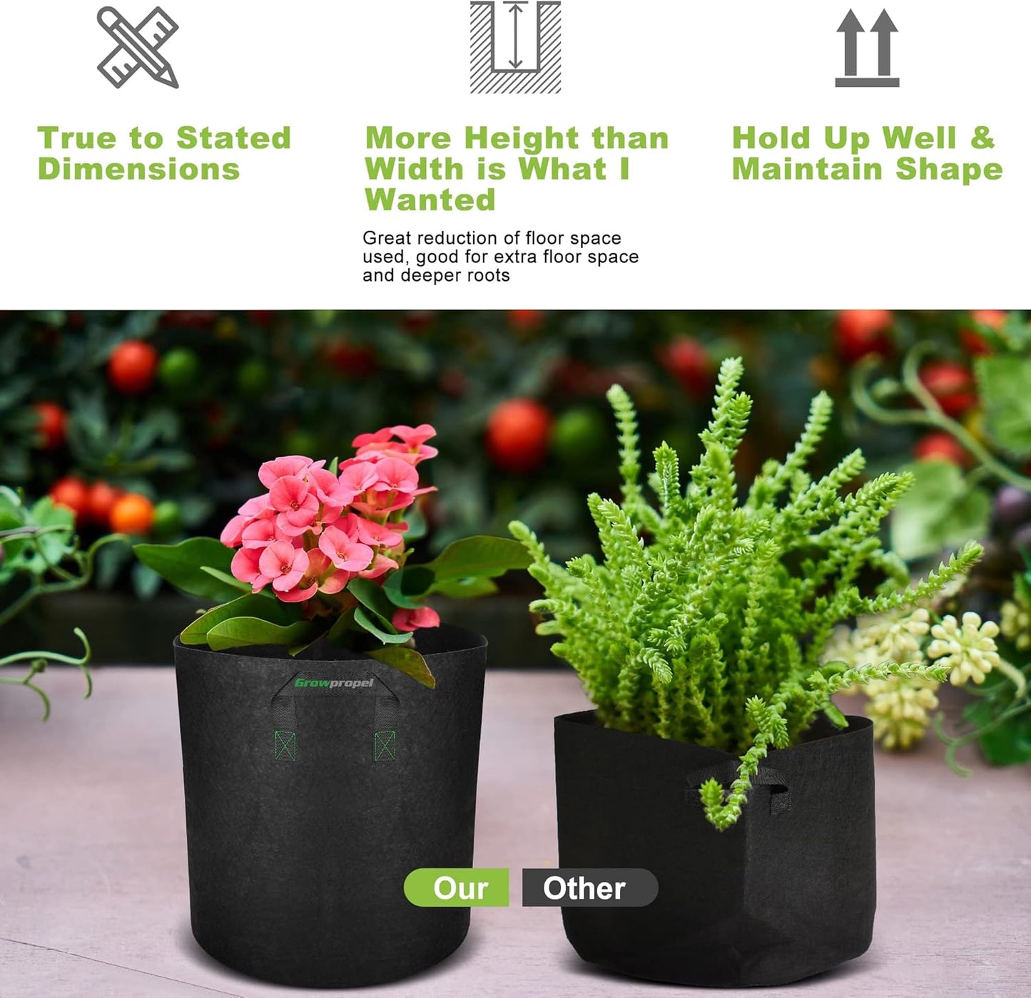 3 US Gallon 8 Pack Tall Grow Bags for Vegetables, Heavy Duty Nonwoven Aeration Fabric Deep Grow Pots with Handles