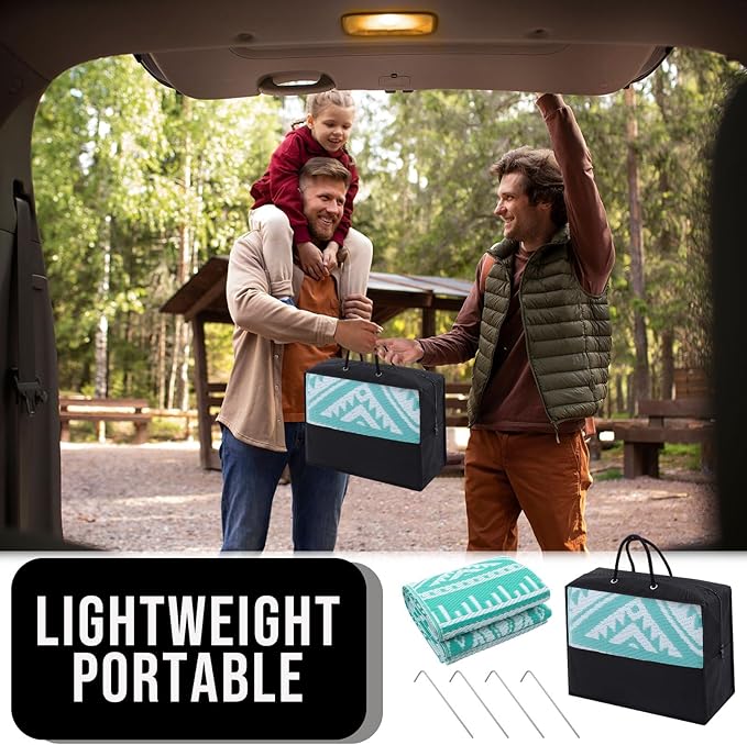 OLANLY Outdoor Rug Waterproof 9x12 ft, Reversible Outdoor Plastic Straw Rug, Boho Patio Rug, Indoor Outdoor Carpet, RV Mat Outside for Patio, Camp, Picnic, Balcony, Deck, Backyard, Turquoise & White