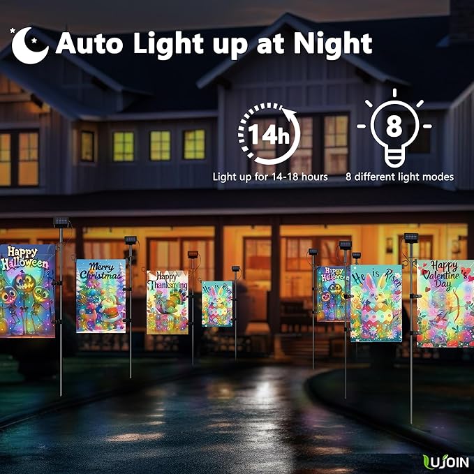 DIY Solar Garden Flag Stand with 5 Holiday Flags, Universal LED Board for DIY a Lighted 12"x18" Flag, Including Valentines Day, Easter Day, Halloween, Thanksgiving Day & Christmas Flags