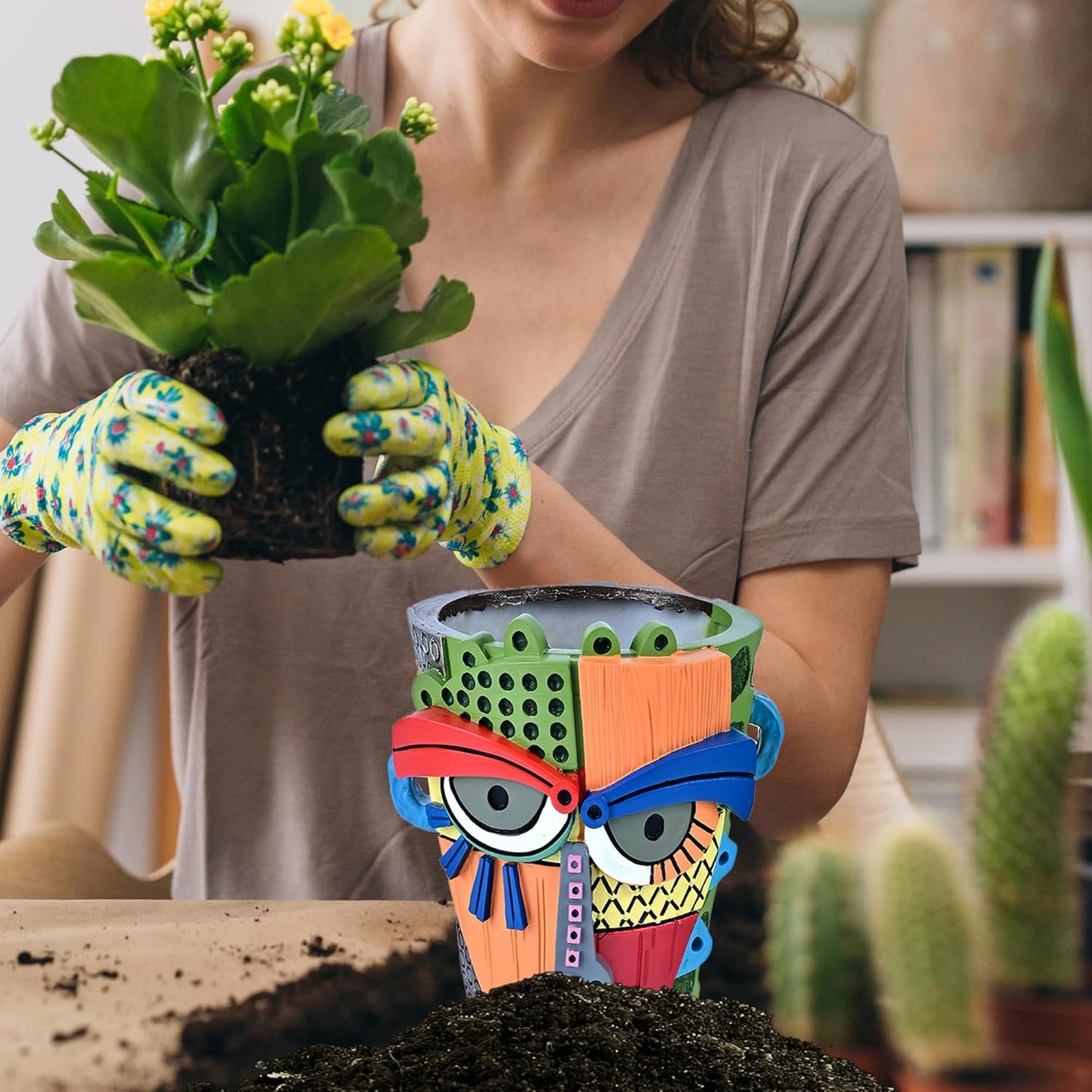 Bohemian Face Planter Pots for Plants,Hand-Painted Colorful Flower Pots with Drainage, Indoor Outdoor Garden Decor Gift(Modern,Small)