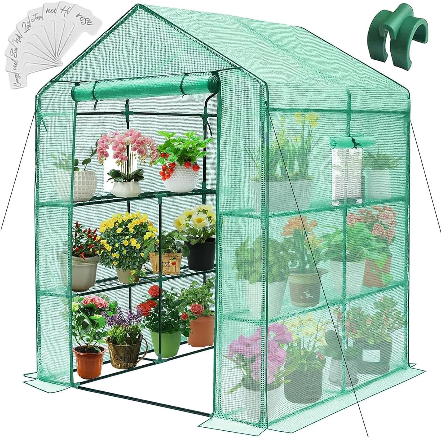Greengro Greenhouse, 57 x 57 x 76'' Greenhouses for Outdoors, Durable Green House Kit with Window, Thicken PE Cover, 3 Tiers 8 Shelves, Heavy Duty Walk in Green Houses for Indoor Backyard Outside