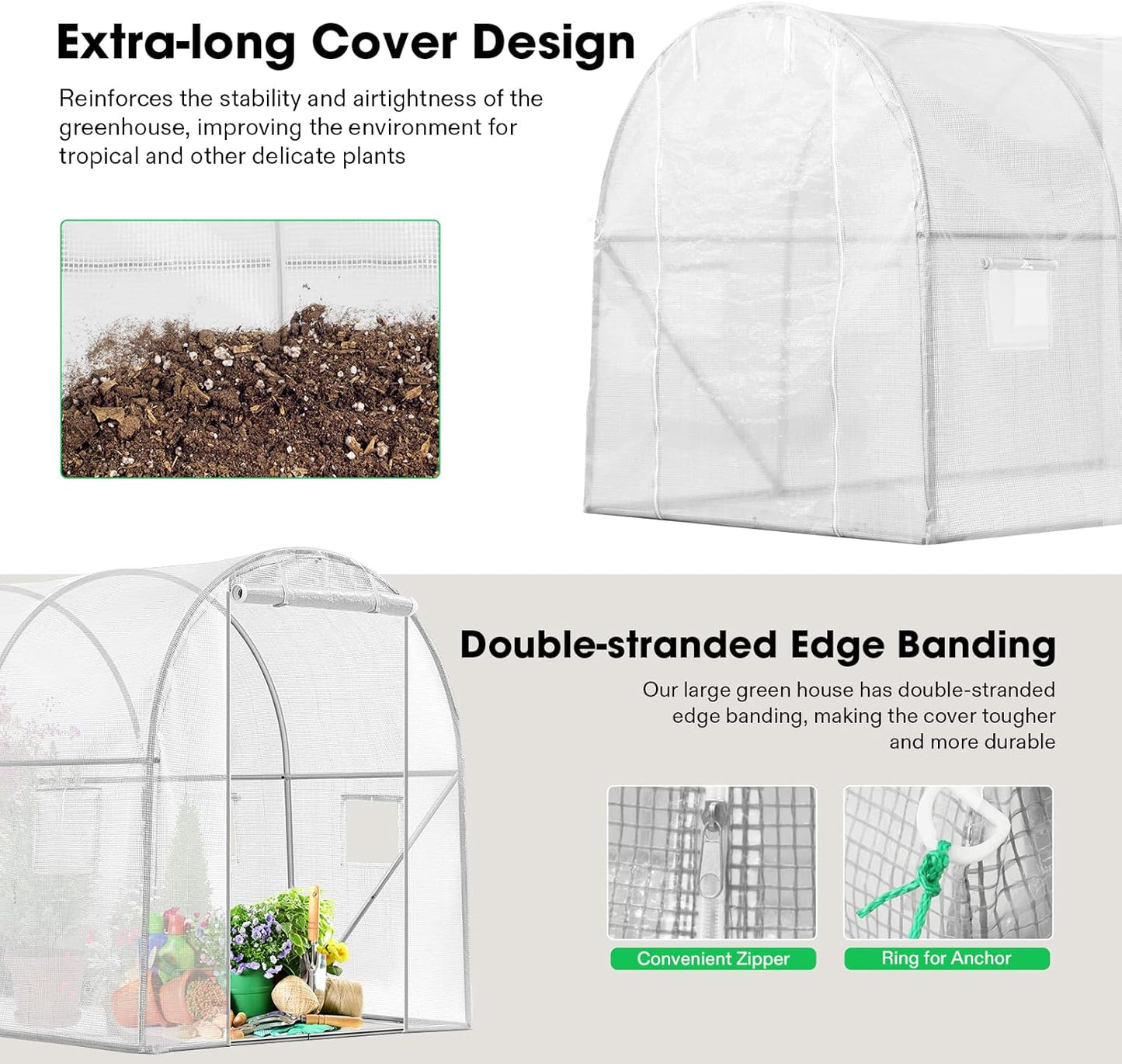 VIVOSUN 10x7x7 Ft. Large Walk in Greenhouse, Greenhouse Tunnel, Garden Plant Hot House with White PE Cover, Roll-up Zipper Door and Window for Outdoor, White