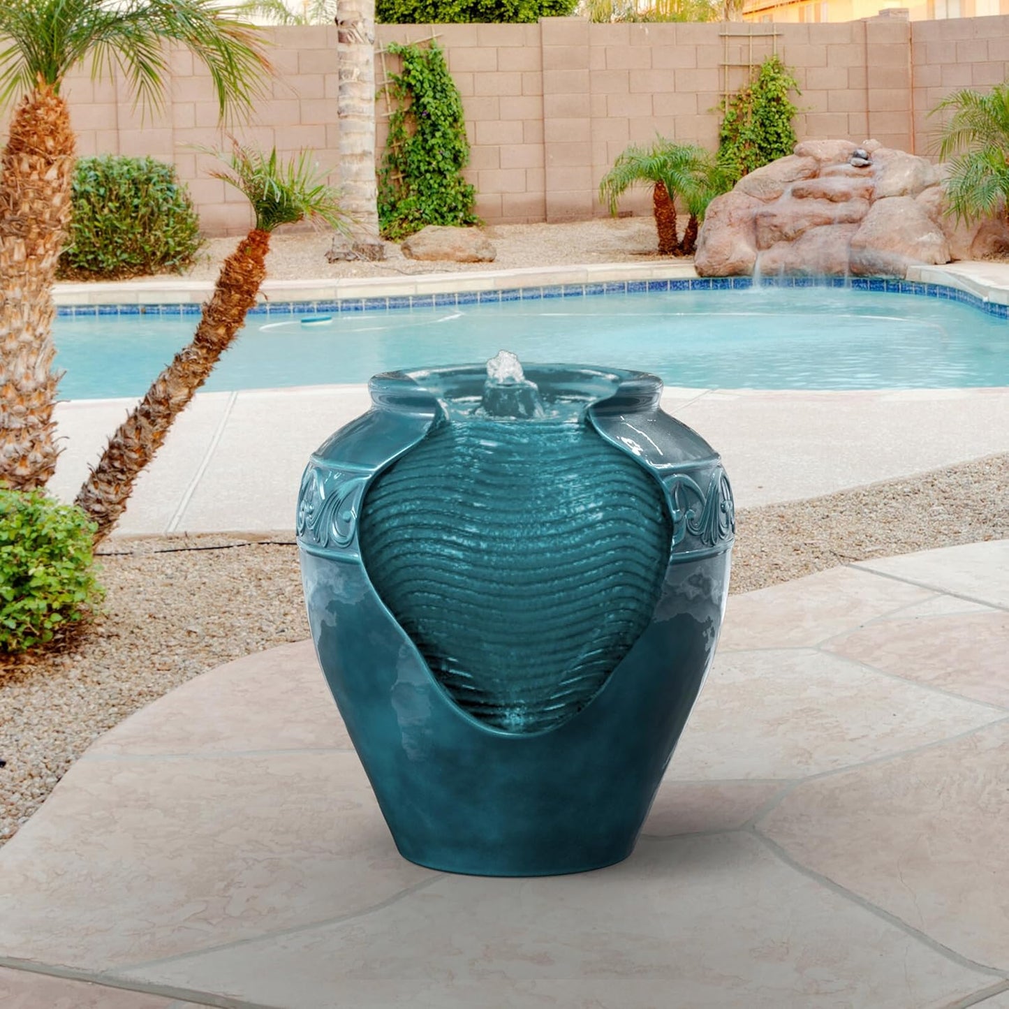 Teamson Home Floor Glazed Pot Water Fountain with Built-in LED Light and Pump for Outdoor Indoor Patio Garden Backyard Decking Home Décor, 17 inch Height, Teal
