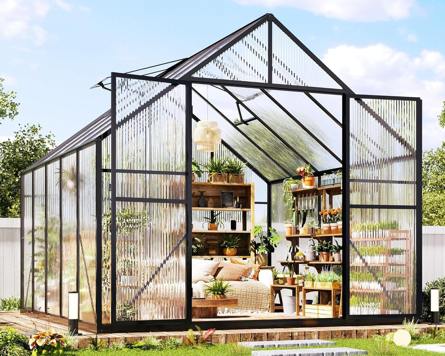 Jocisland 8x10x7 FT Polycarbonate Greenhouses for Outdoors, 2 Top-Opening Windows, 2 Swing Doors, Aluminum Walk-in Heavy Duty for Outdoor Use, Backyard Garden, Black