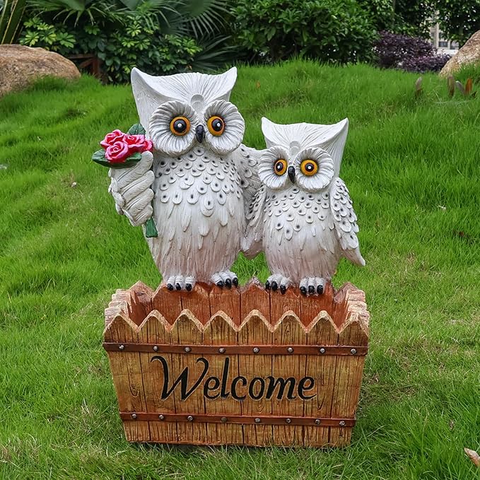 Garden Owl Statue Planter Outdoor - Large Owl Welcome Statue Tall Decor Fake Owls to Scare Birds Outdoor Sculptures for Patio Porch 25.2inch, White