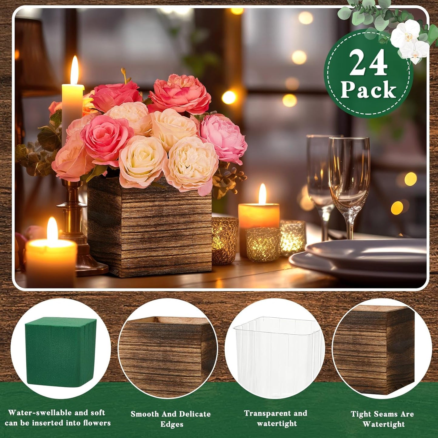 Dandat 24 Set Wood Cube Planter Box Square Wood Vase Rustic Cube Planter Box with Removable Plastic Liner Floral Foam Blocks for Centerpieces Home Wedding Garden Decor, Country Style (Brown)