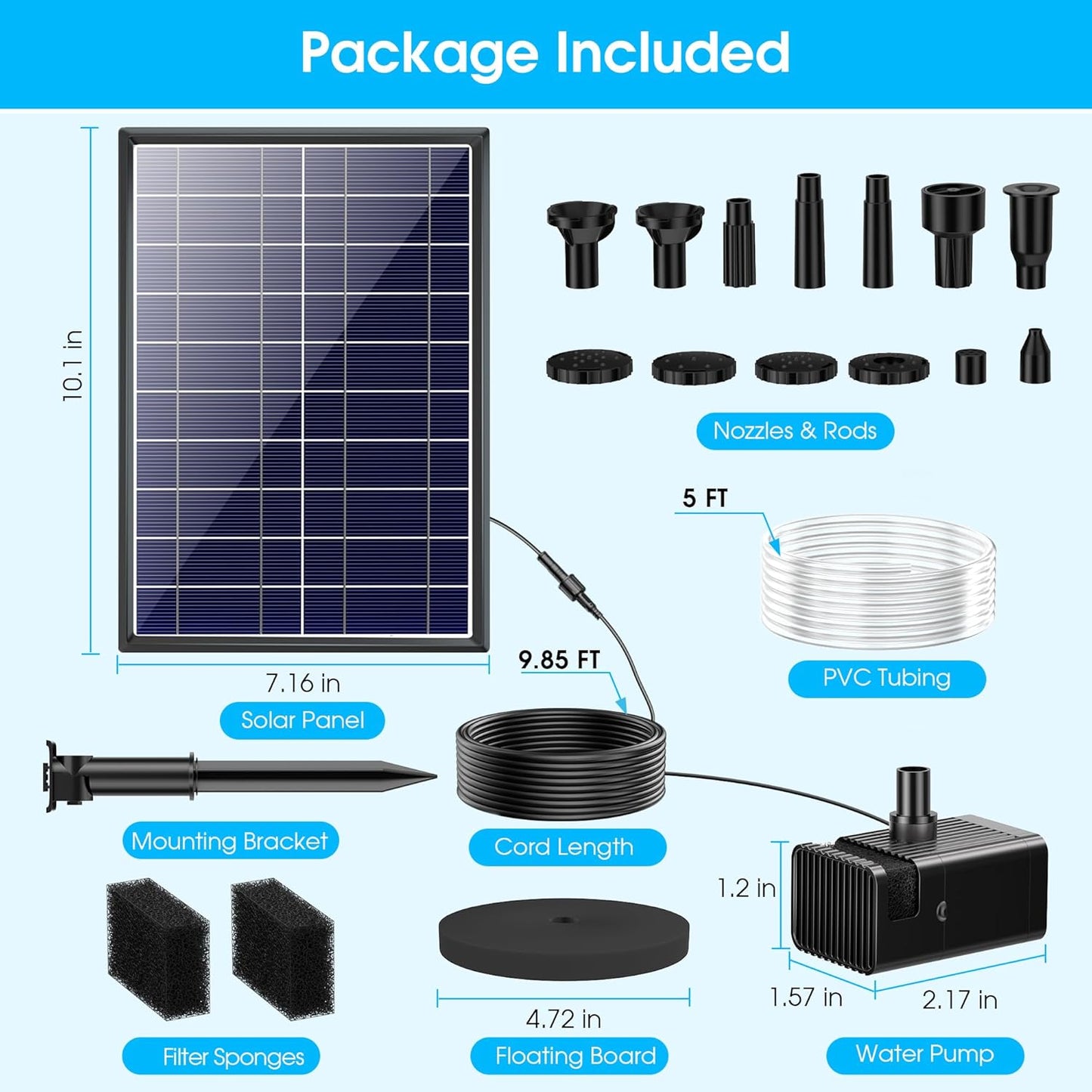 Biling 8W Solar Fountain Pump, Solar Water Pump with 3600mAh Battery Backup Work All Day, 5ft Tubing 5 Nozzles, Solar Fountain for Bird Bath, Garden Pond, Fish Tank and Hydroponics