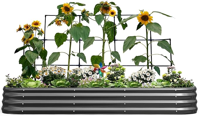 KING BIRD Raised Garden Bed with Wall Trellis Galvanized Planter Garden Box Outdoor for Gardening, Climbing Vegetables, Flowers 7.87x3.94x0.98 Ft, Dark Grey
