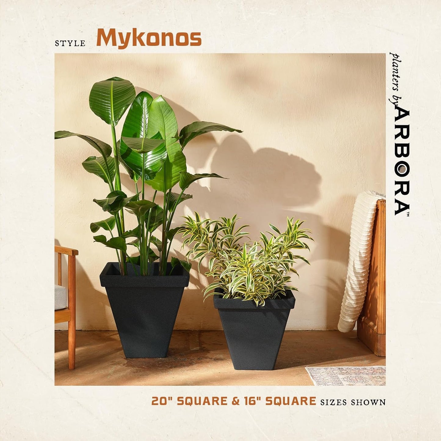 ARBORA 16" Mykonos Square Polyresin Indoor and Outdoor Planter with Classic Black Finish - Durable, Weatherproof, Lightweight, Large Plant Pot for Patio, Garden, Deck, Entryway