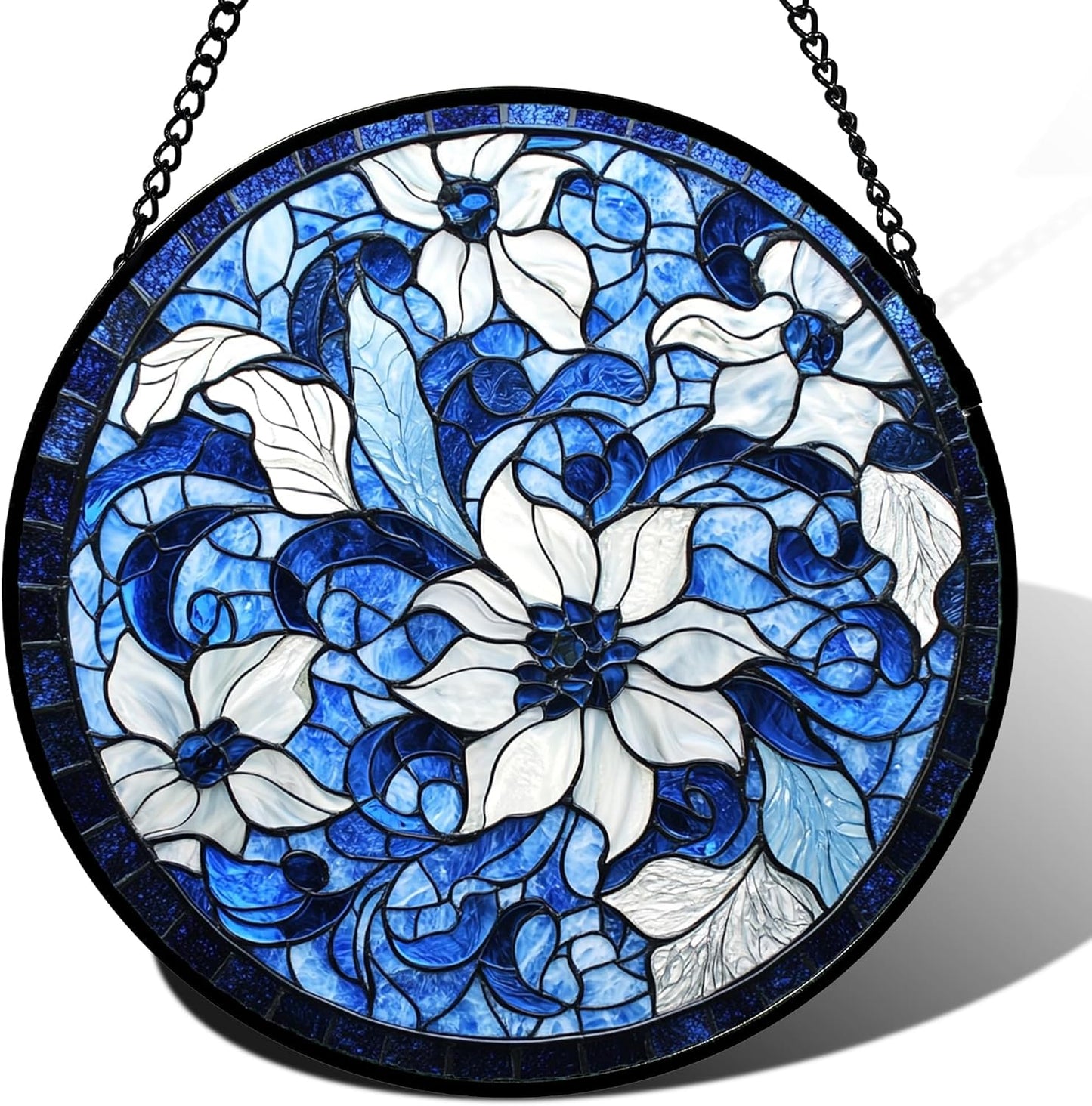 Stained Glass Window Hanging - Blue White Flowers Suncatcher for Doors Garden Patio Boho Style Sun Catchers Decor Christmas Mother's Day Birthday Gifts for Women Men Mom Nana Friend 9.8 in