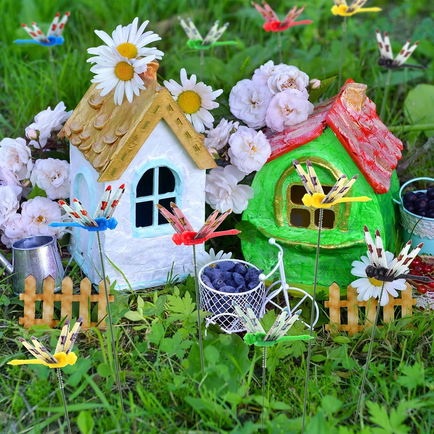 Leinuosen 100 Pcs 2.36" 3D Dragonfly Garden Stakes, Long Dragonfly Stakes Garden Decor Indoor Outdoor Yard Ornaments Flower Pot Patio Decoration(Red, Yellow, Blue, Green, Black)