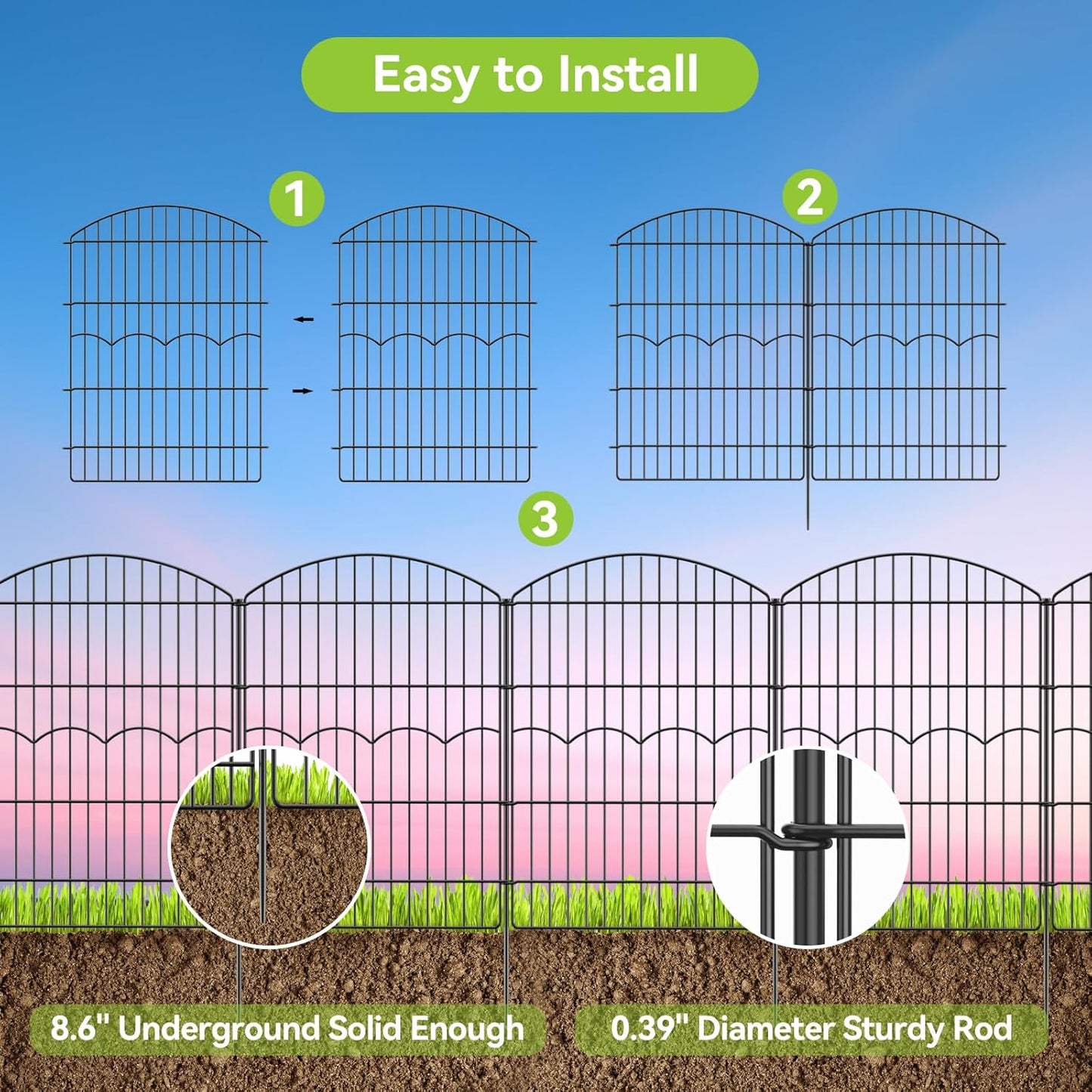 Decorative Garden Fence 6 Panels 14.8 ft (L)×38in (H) Metal Garden Fences, No Dig Animal Barrier Fencing Rustproof Wire Temporary Dog Fence Outdoor for Patio Backyard Lawn - Without Door