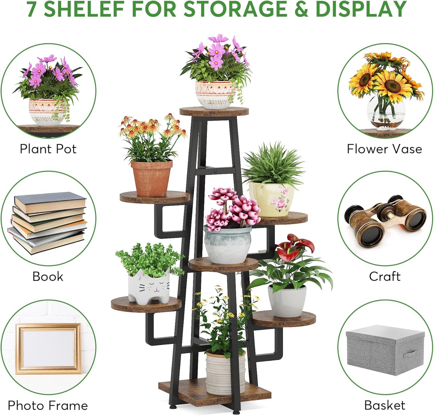 Tribesigns 7 Tier Plant Stand Indoor for Multiple Plants, Wooden Corner Plant Pots Holder Rack Flower Stand Tall Shelf Planter Organizer for Living Room Balcony Garden, Rustic Brown