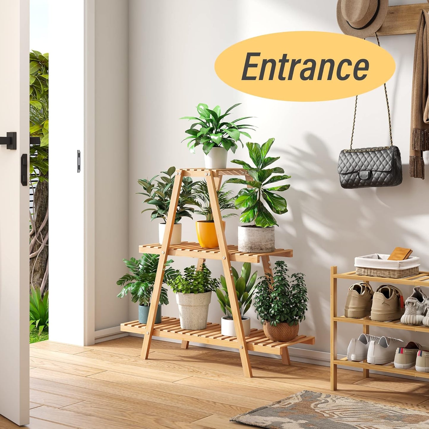 Bamboo Plant Stand - Indoor/Outdoor 3 Tier Plant Ladder, 8 Potted Flower Holder, Natural