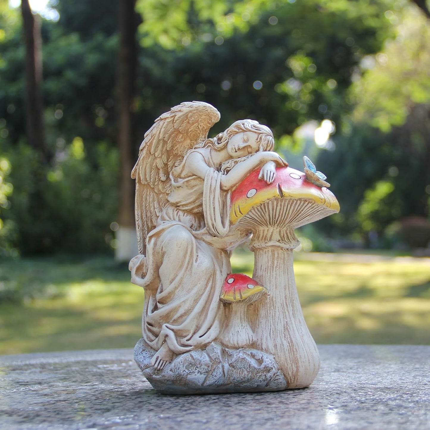 Outdoor Angel on Mushrooms Statue for Garden Decor, Sleep Angel Garden Statues Religious Decorations for Patio Yard Porch Lawn, Angels Garden Sculptures, Home Angel Figurines, Memorial Gifts