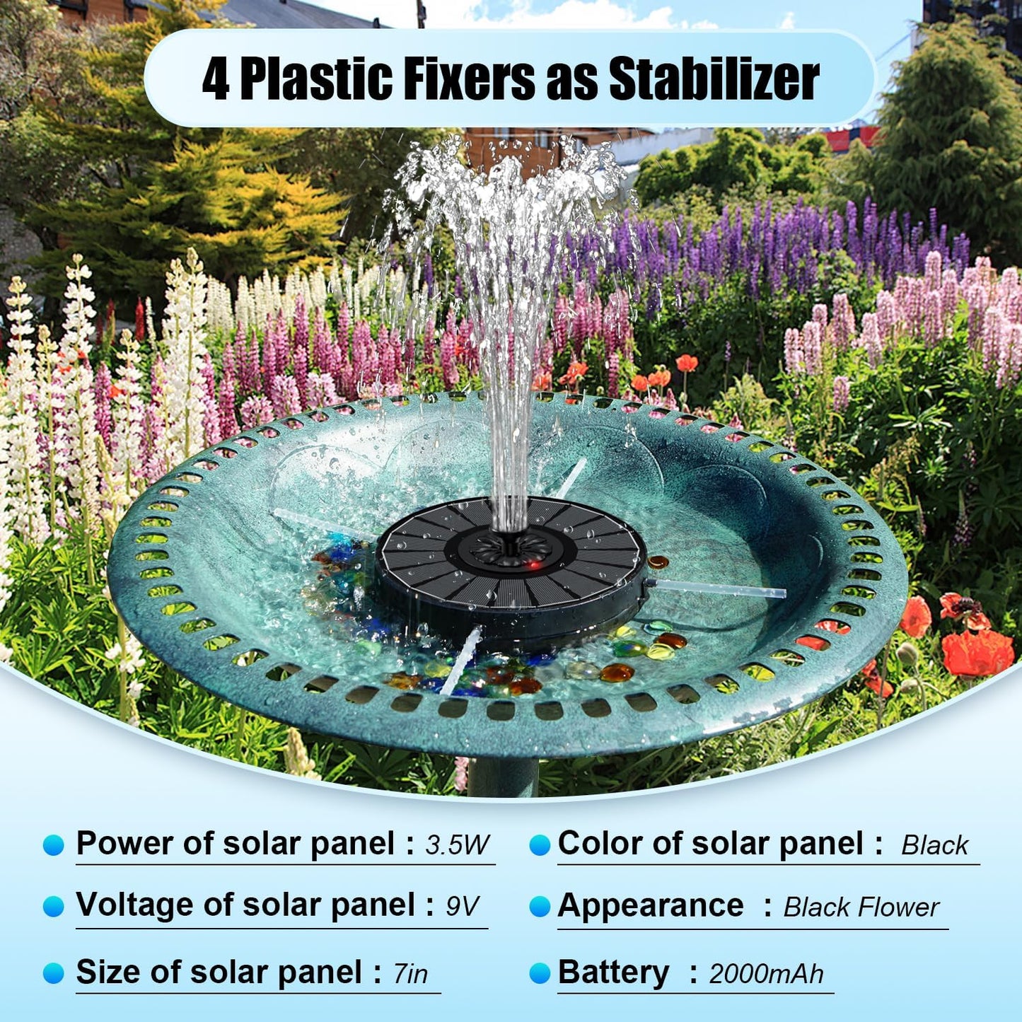 SZMP Solar Fountain Work On Cloudy Day,Solar Water Bird Bath Fountain with Faster Conversion Glass Solar Panel and Power Indicator Light,Built-in 2000mAh Battery