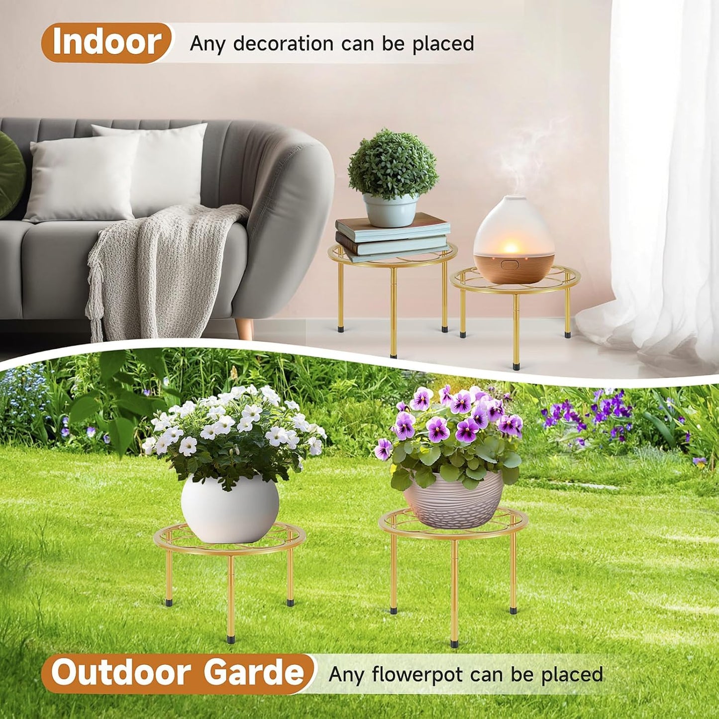 5 Pack Metal Plant Stand, Anti-Rust Iron Plant Stands for Indoor and Outdoor, Heavy Duty Flower Pot Stands for Multiple Plant, Black Potted Plant Holder for Garden Home (5 Pack Gold)