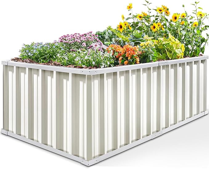 KING BIRD Raised Garden Bed 68" x 36" x 24" Heightened Galvanized Steel Metal Planter Box Outdoor for Deep-Rooted Vegetables, Flowers, Large Raised Bed Kit (Ivory)