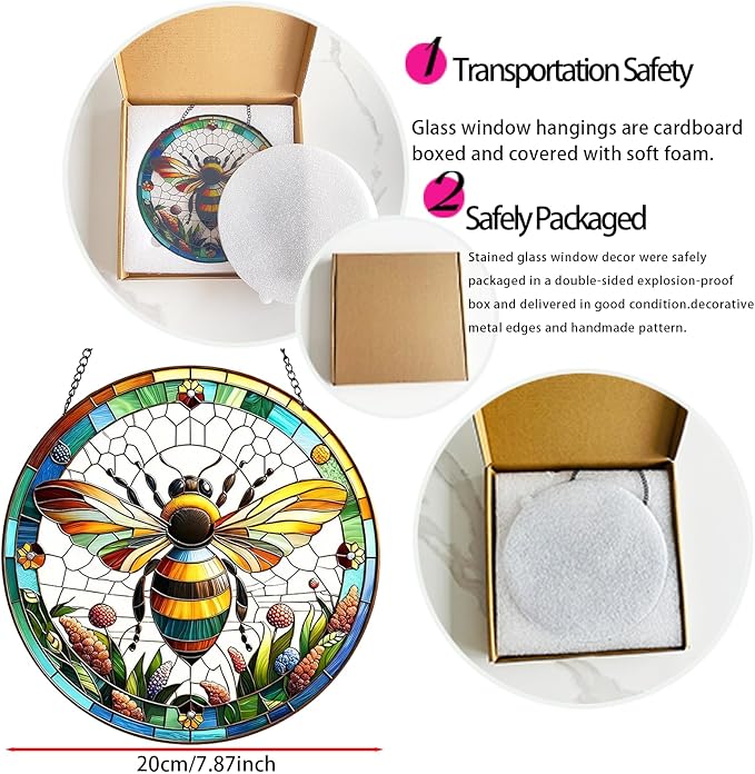 RIVEENY Bumblebee Stained Glass Window Hangings,8''Bee Suncatcher Stained Glass Window Panel Gift for Christmas Anniversary Birthday Mother's Day