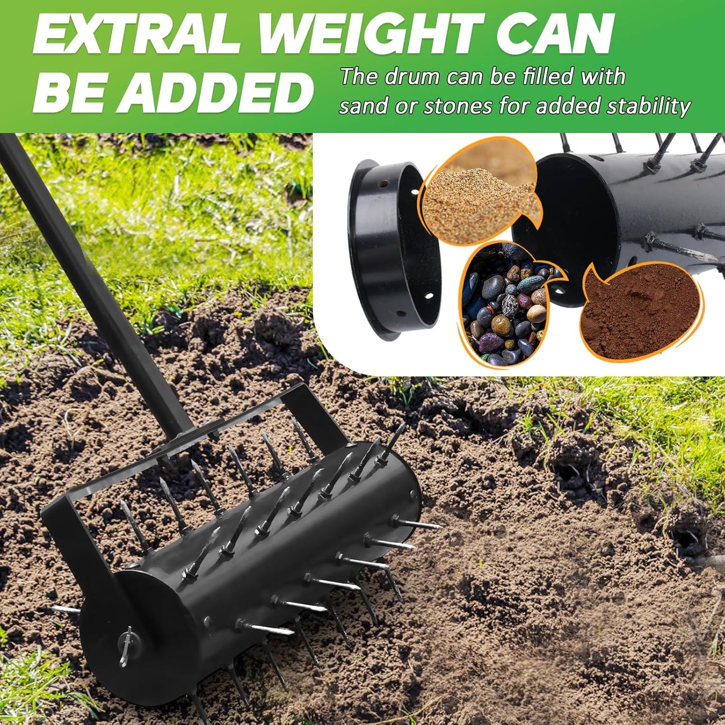 Rolling Lawn Aerator with 42 Spikes, No Assembly Required, Heavy-Duty Manual Lawn Tool for Soil Loosening and Grass Root Growth, Garden Yard Aeration Tool