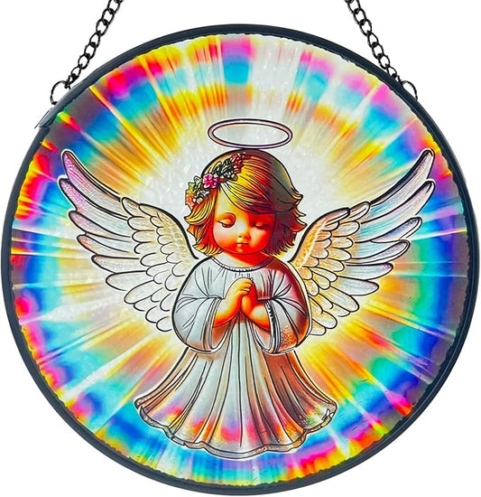Praying Angel Decor Handmade Stained Glass Suncatcher - Rainbow Maker Stained Glass Suncatchers W/Metal Chain - Spiritual Angelic Gift for Women Christmas Thanksgiving Housewarming Gifts
