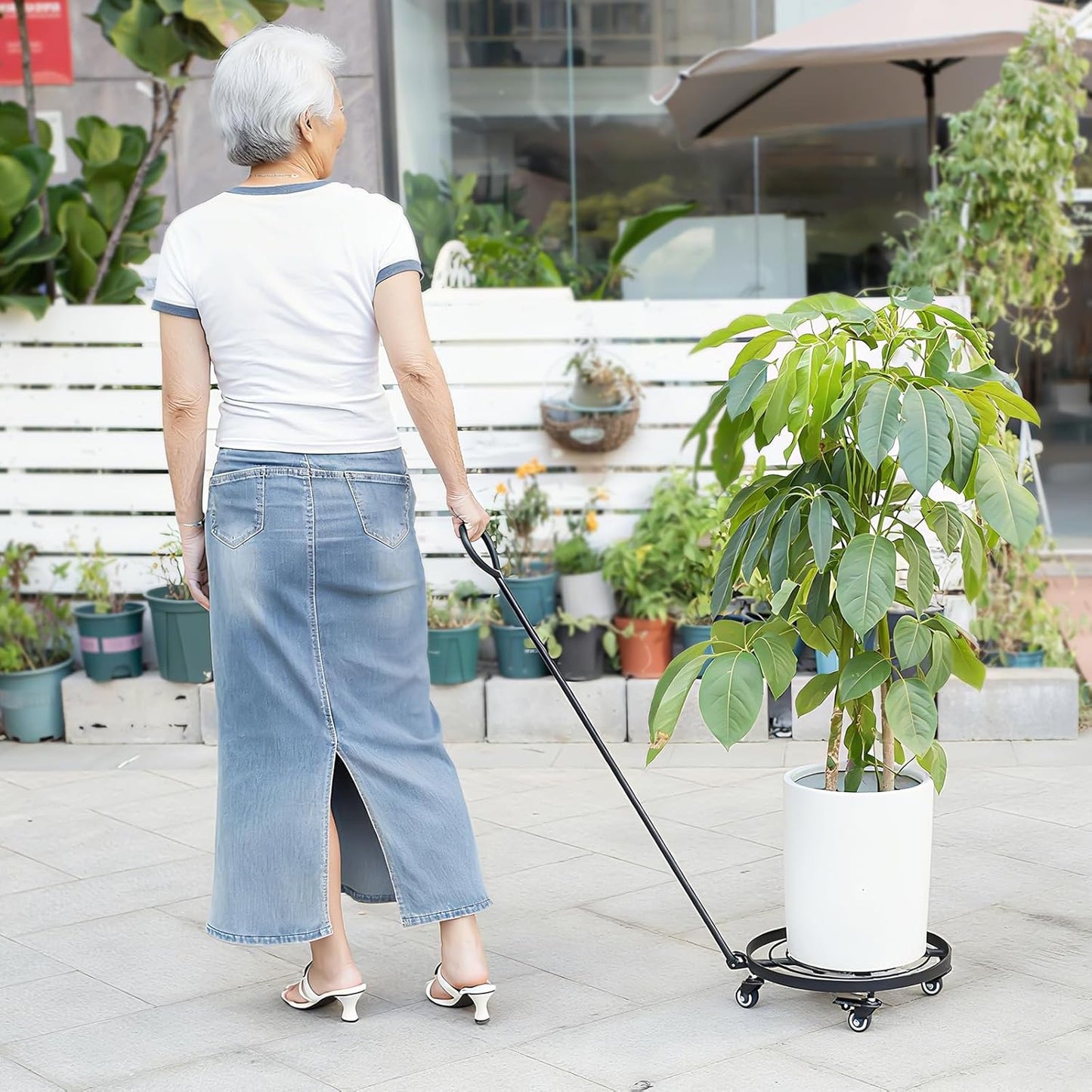 14" Plant Dolly with Wheels - Heavy Duty Rolling Planter Base, Lockable Wheels, Detachable Handle, Ideal for Indoor/Outdoor Use with Large Pots and Easy Transport Solutions