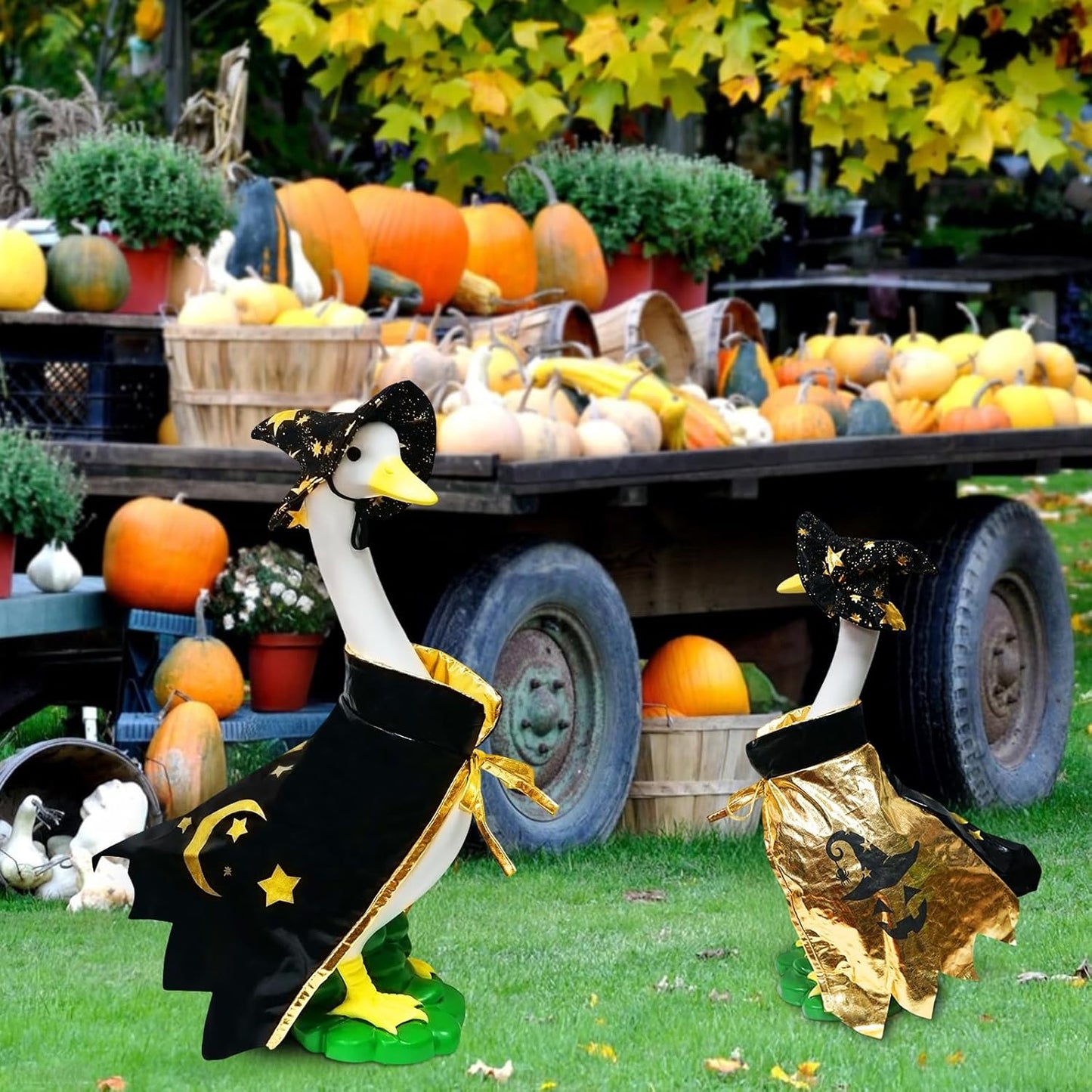 Large White Goose Statue Cygnus, Funny Halloween Big Bird Decor Garden Sculpture with Black Magic Cloak Costume Clothes and Hat Home Porch Patio Pond Yard Art Duck Figurine 19’’ Christmas Decorations