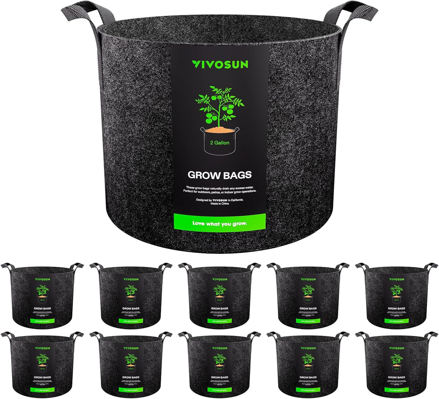 VIVOSUN 10-Pack 2 Gallon Grow Bags, Reinforced Planter Fabric Pots for Gardening Black