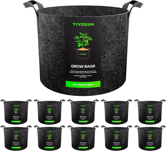 VIVOSUN 10-Pack 2 Gallon Grow Bags, Reinforced Planter Fabric Pots for Gardening Black