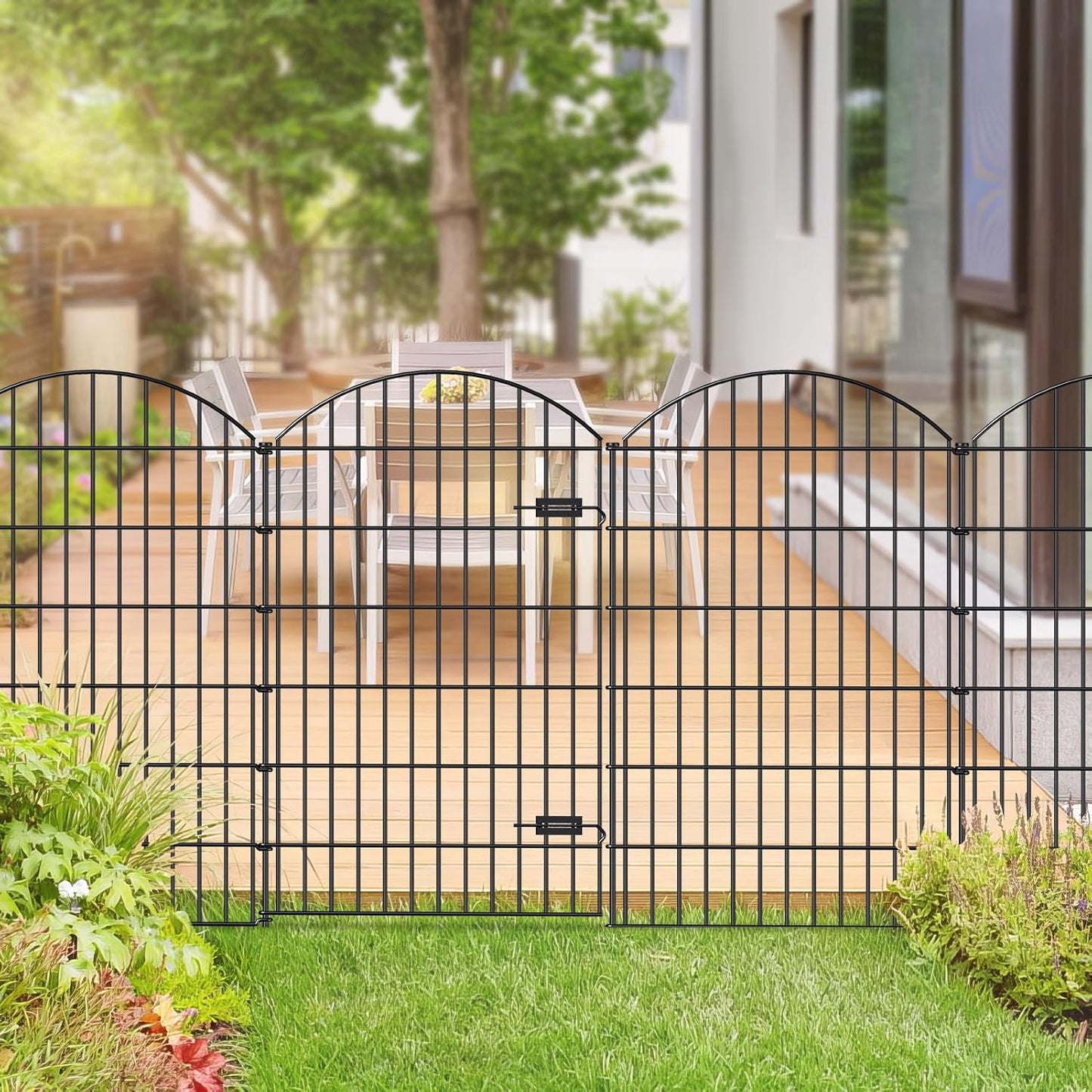 Metal Garden Fence with Gate 48in (H) x 20.3ft (L), 1 Gate+ 7 Panels Dog Fences Border Fence Animal Barrier, No Dig Garden Fencing for Yard Flower Bed Lawn Patio Outdoor, ECG4808G, Black