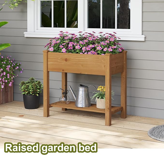 GHWIE Raised Garden Bed with Legs, Elevated Wood Planter Box for Vegetables, Flowers, Patio, Balcony, with Liner