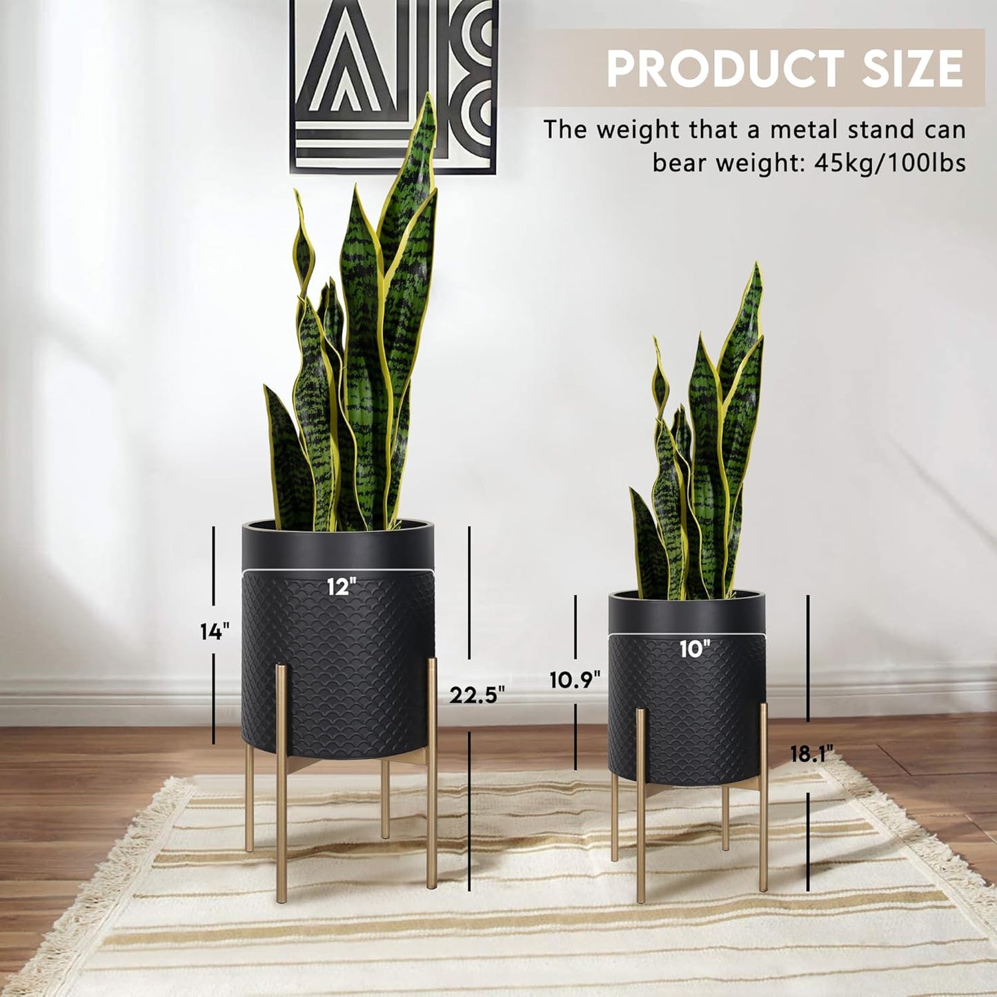 Oakrain Planters for Indoor Plants, Set of 2 Mid Century Modern Planter with Stand, Decorative Metal Planter Pots for Living Room, Office, Garden or Balcony, Black, 10"&12"