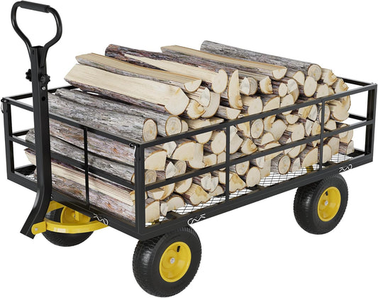 3-in-1 Heavy-Duty Steel Garden Cart, 1200 Lbs Garden Wagon, with 13 Inch All-Terrain Tires and Removable Mesh Side Panels, 180° Rotating Handle, Metal Utility Yard Trailer, Outdoor Gardens Wagon Cart