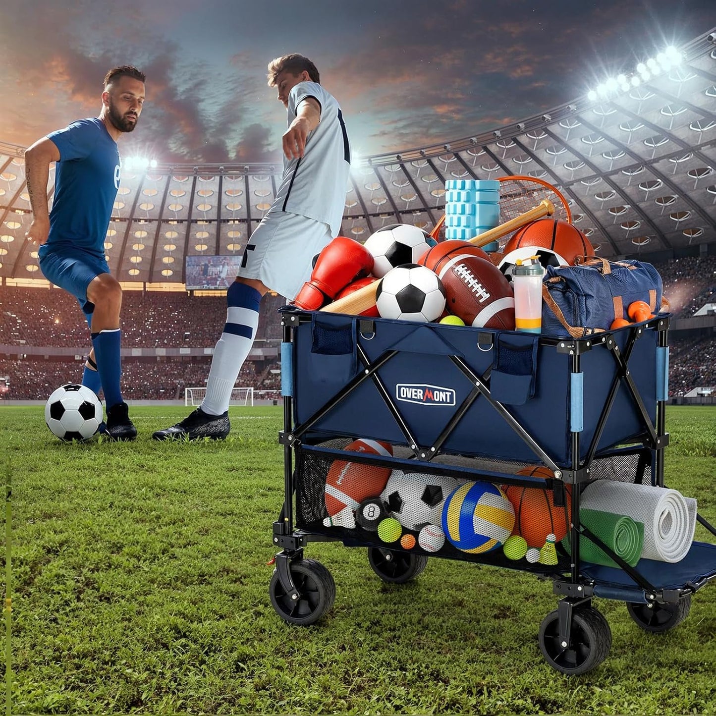 Overmont 400L Foldable Double Decker Wagon - Large Capacity Collapsible Wagon Cart- 47" Extra Long Extender - All-Terrain Big Wheels for Beach Sports Grocery, Support Up to 450lbs