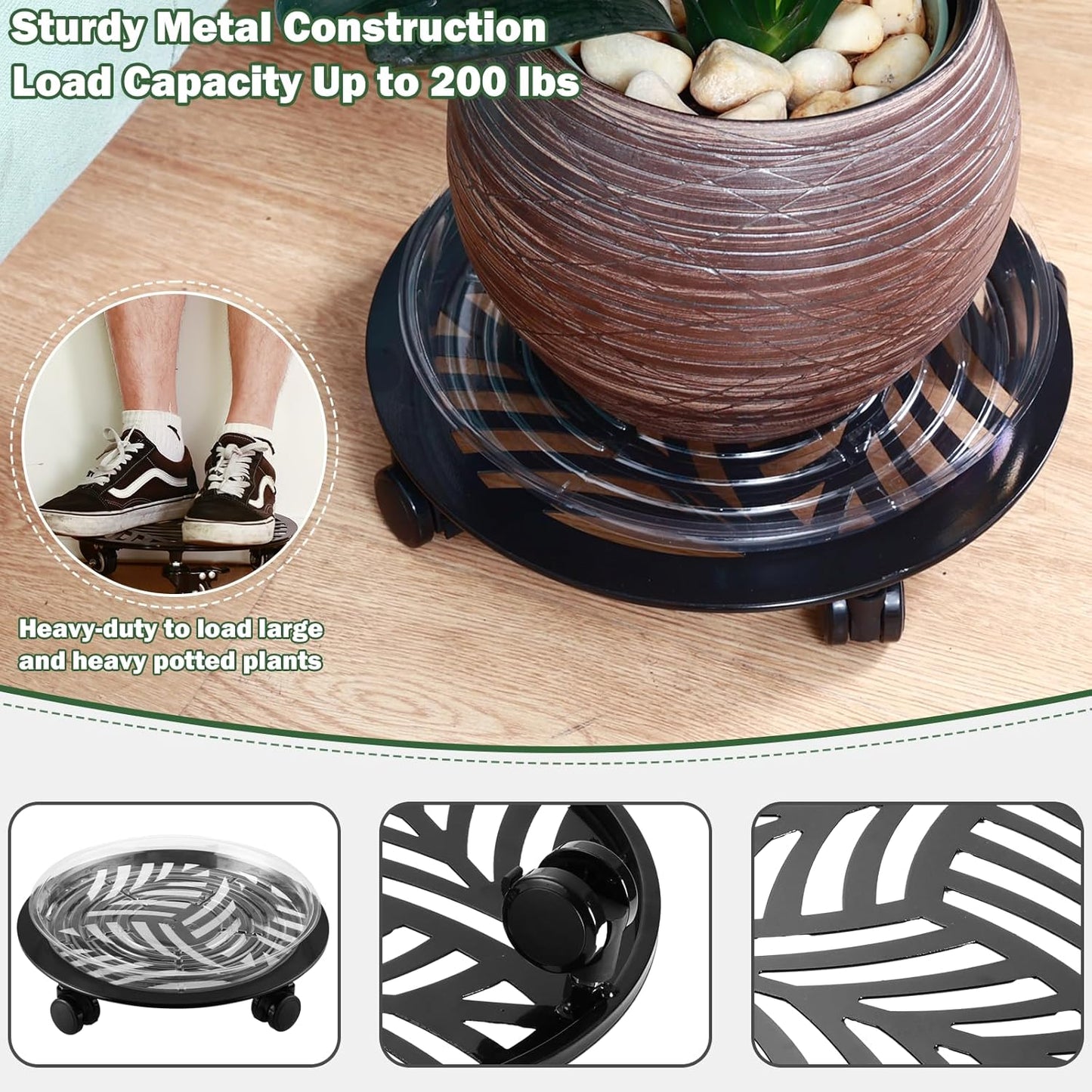 4 Packs Large Metal Plant Caddy with 3 PU Wheels 12" Heavy-duty Wrought Iron Rolling Plant Stands Indoor Outdoor Wheeled Plant Dolly Planter Mover Rollers Plant Trolley Cart, Plant Saucers Included