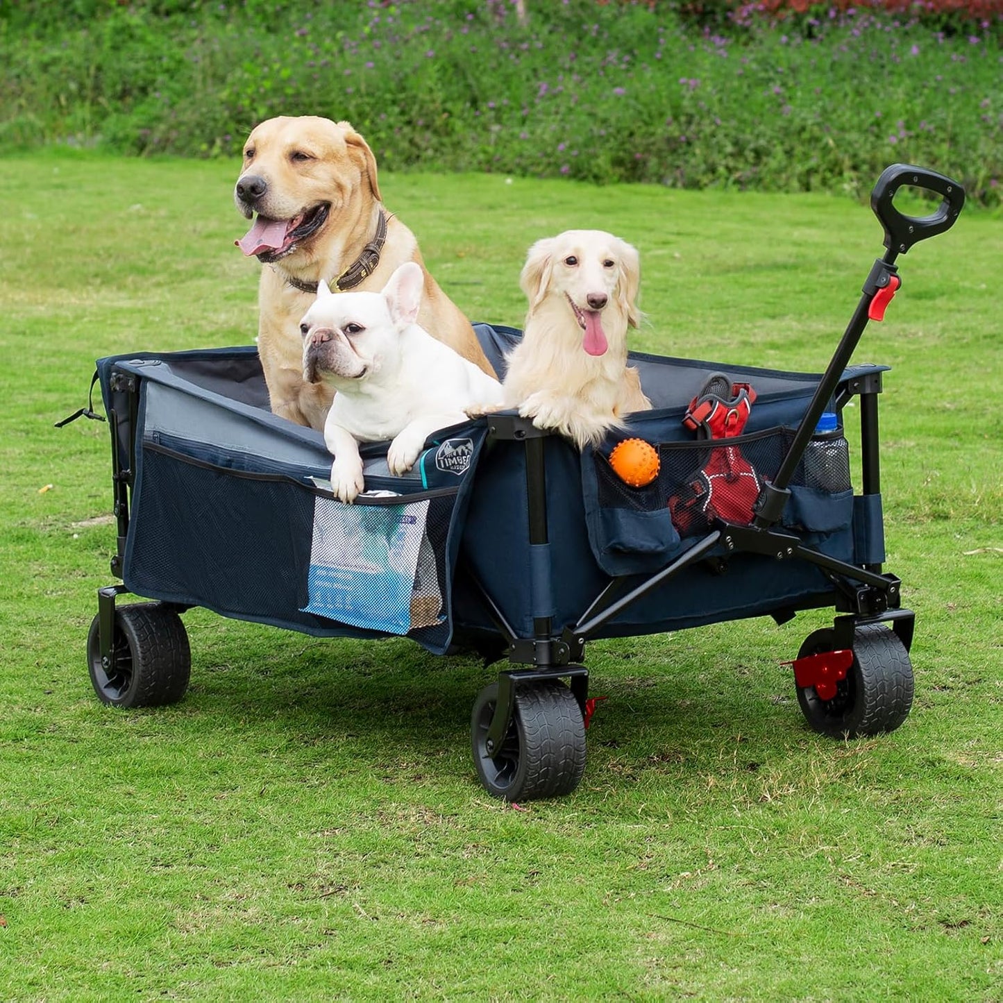 TIMBER RIDGE 600L Beast Wagon 26" W Extra Wide All Terrain Folding w/Big Wheels, Cargo Net & Tailgate, 26" W and 55" L, Capacity and 400lbs Heavy Duty Collapsible Portable Cart, Blue