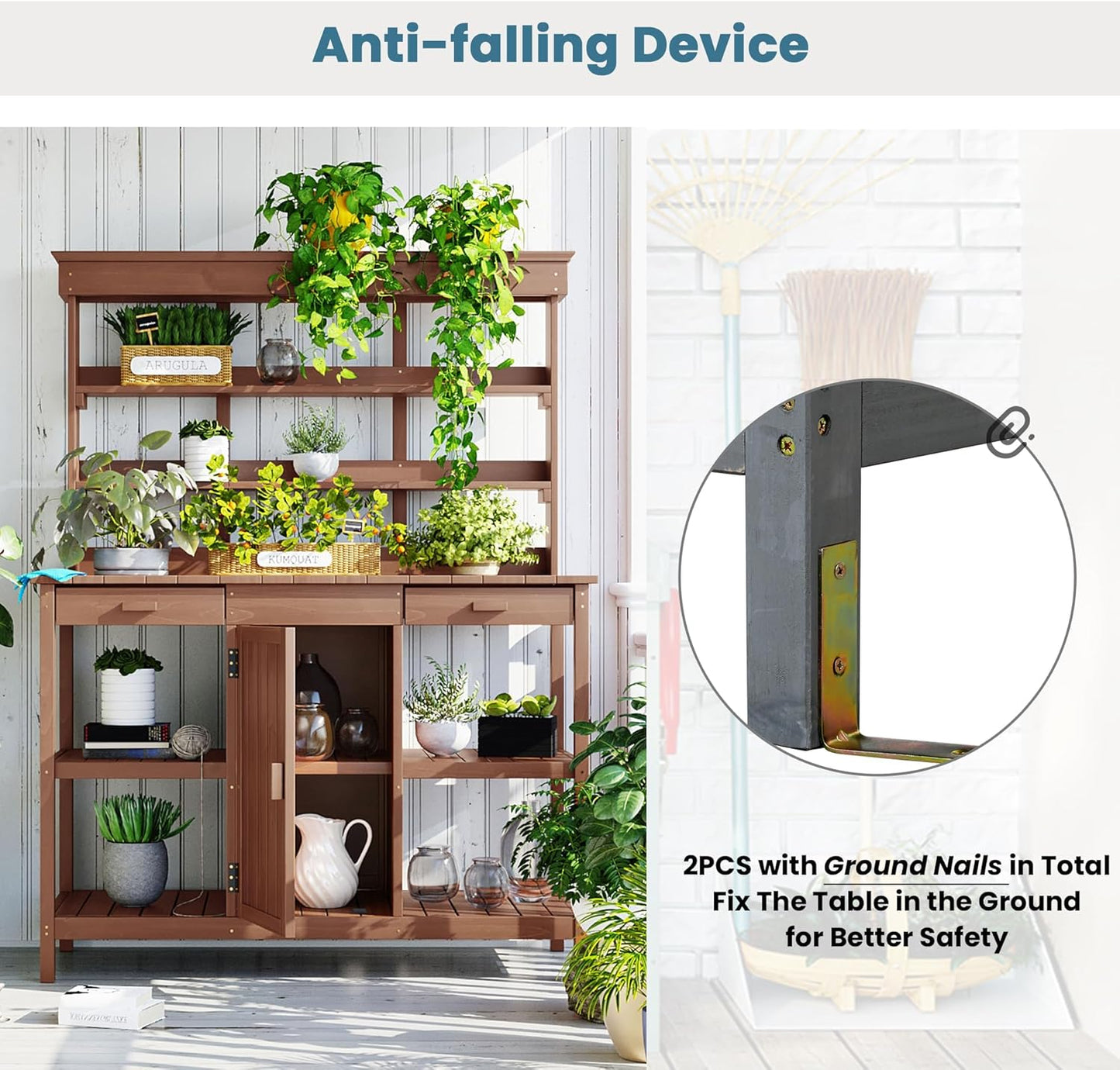 Outdoor Wooden Potting Bench Table – Farmhouse Garden Workstation with Drawers, Cabinet & Storage Shelves, Large Fir Wood Work Table for Patio, Backyard, Mudroom, Greenhouse (Dark Brown, 66'' H)